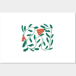 Simple Red Flowers on Vine with White Shadow Posters and Art